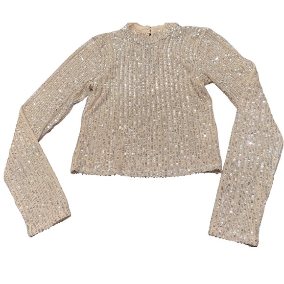 Abercrombie & Fitch Sequin Mock Neck Long Sleeve Top Champagne Silver XS - Picture 2 of 9